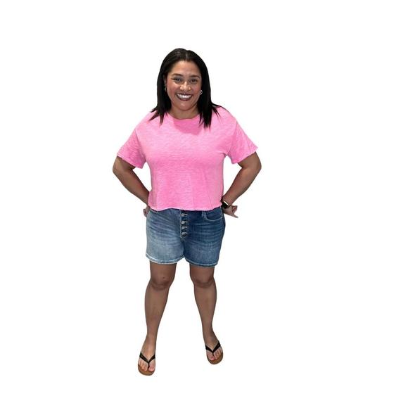 RISEN Pants - NEW RISEN high rise contrast wash button fly shorts in medium blue/dark blue